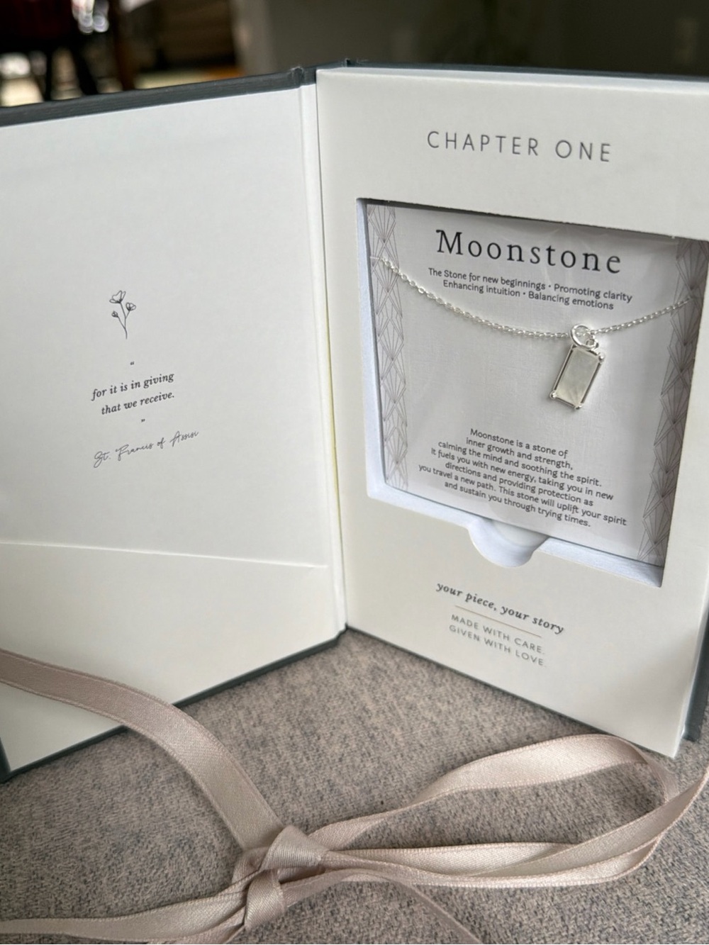 Hope Love Shine Moonstone Rectangle Pendant Necklace in Silver NWT Gift!!!
